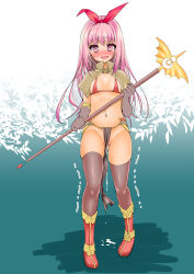 Rule 34 | 1girl, arima natsubon, bikini, bikini top only, blue background, blush, boots, bow, breasts, brown capelet, brown gloves, brown thighhighs, capelet, commentary request, covered erect nipples, elbow gloves, full body, gloves, gluteal fold, hair bow, highres, holding, holding staff, long hair, looking at viewer, mage (ragnarok online), midriff, navel, no panties, nose blush, open mouth, pelvic curtain, pink eyes, pink hair, pussy juice, pussy juice drip through clothes, ragnarok online, red bikini, red boots, red bow, skindentation, small breasts, smile, solo, staff, sweat, swimsuit, thighhighs, trembling