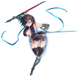 1girl :&gt; action_taimanin aqua_eyes black_hair black_leotard blue_ribbon breasts cleavage_cutout clothing_cutout curvy from_above holding holding_sword holding_weapon huna_(action_taimanin) impossible_clothes impossible_leotard jumping large_breasts leotard lilith-soft looking_at_viewer momochi_nagi revealing_clothes ribbon shiny_clothes shiny_skin short_hair solo source_request sword taimanin_(series) transparent_background weapon wide_hips