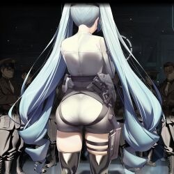 1girl aqua_hair ass ass_focus boots drill_hair from_behind game_cg goddess_of_victory:_nikke holster huge_ass long_hair military_uniform privaty_(nikke) short_shorts shorts solo_focus thick_thighs thigh_boots thigh_holster thighs twin_drills very_long_hair