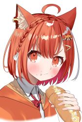 1girl :t ahoge animal_ear_fluff bow braid bread closed_mouth collared_shirt cropped_torso crown_braid eating food food_on_face hair_ornament highres holding holding_food hood hood_down hooded_jacket jacket k_mugura looking_at_viewer nijisanji open_clothes open_jacket orange_eyes orange_hair orange_jacket ratna_petit red_bow red_panda_ears school_uniform shirt simple_background solo upper_body v-shaped_eyebrows virtual_youtuber white_background white_shirt