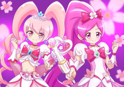 2girls back_bow blurry blurry_background blush bottle bow brooch cherry_blossoms chest_bow choker clenched_hand closed_mouth collarbone color_connection commentary commission crop_top crossover cure_blossom curly_sidelocks dress earrings floral_background floral_dress flower flower_tact frilled_cuffs frills genre_connection hair_bow hair_ornament hanasaki_tsubomi hani_haruka heart heart_brooch heart_earrings heart_wand heartcatch_precure! high_ponytail hinatabotti25 holding holding_wand jewelry long_hair looking_at_viewer magical_girl midriff multicolored_dress multiple_girls navel outstretched_arm parted_bangs perfume_bottle pink_bow pink_choker pink_dress pink_eyes pink_princess pink_skirt pink_theme pink_wrist_cuffs ponytail pouch precure puffy_short_sleeves puffy_sleeves purple_background short_dress short_sleeves side-by-side silver_tiara six_heart_princess skirt smile split_mouth stomach tiara twintails two-tone_dress upper_body very_long_hair wand white_dress wrist_cuffs