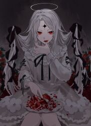 1girl absurdres asagi_12_457 bad_id bad_twitter_id black_bow bow character_request copyright_request dress eating facial_mark flower food food_on_face forehead_mark fork frilled_dress frills fruit hair_bow halo highres holding holding_fork legs_together long_hair looking_at_viewer open_mouth pale_skin plate pomegranate red_eyes red_flower red_rose rose sitting solo white_dress white_hair