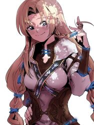 1girl blonde_hair blony_(mabinogi) highres holding holding_ha hwan_daeng long_hair looking_at_viewer robe simple_background