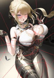 1girl absurdres bare_shoulders bdsm black_bow black_choker black_gloves black_pants blonde_hair blush bondage bound bow breasts choker collared_shirt commentary elbow_gloves evelyn_chevalier gloves hair_bow hands_up high-waist_pants highres huge_breasts manda_(luts7602) necktie no_jacket one_eye_closed open_mouth pants purple_eyes shirt short_hair single_elbow_glove skindentation solo sweat tight_clothes tight_pants torn_clothes torn_necktie torn_shirt white_shirt yellow_necktie zenless_zone_zero