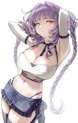 Rule 34 | 1girl, absurdres, armpits, arms up, black bow, black bra, black panties, black ribbon, black shoes, black thighhighs, block heels, blunt bangs, bow, bow skirt, bra, braided twintails, breasts, cleavage, closed mouth, commentary, cowboy shot, crop top, denim, denim skirt, detached sleeves, english commentary, face piercing, frilled skirt, frilled sleeves, frills, hair intakes, hair ornament, heterochromia, highres, large breasts, leg up, light frown, lip piercing, long hair, long sidelocks, looking at viewer, miniskirt, navel, navel piercing, neck ribbon, original, panties, panty straps, parted bangs, piercing, purple hair, red eyes, ribbon, shirt, shoes, sidelocks, simple background, skirt, sleeveless, sleeveless shirt, someang, split mouth, standing, star (symbol), star hair ornament, strapless, strapless bra, thighhighs, torn clothes, torn shirt, underwear, very long hair, white background, white eyes, white shirt, white sleeves, zettai ryouiki