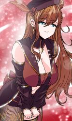 absurdres beret blue_eyes braid breasts cleavage detached_sleeves earrings fishnets flower grs- hair_bun hair_flower hair_ornament hat highres jewelry large_breasts long_hair lucy_monroe midriff non-web_source orange_hair original smile solo
