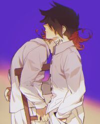 1boy 1girl black_hair buttons closed_mouth collared_shirt crutch emma_(yakusoku_no_neverland) from_side gradient_background highres imminent_hug long_sleeves neck_tattoo number_tattoo orange_hair pants qin_(7833198) ray_(yakusoku_no_neverland) shirt short_hair tattoo white_pants white_shirt yakusoku_no_neverland