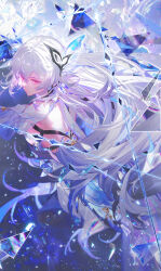 1girl backless_dress backless_outfit bare_back bare_shoulders breasts butterfly_hair_ornament closed_mouth dress genshin_impact hair_between_eyes hair_ornament highres ice long_hair mian_lang red_eyes shattered skirk_(genshin_impact) solo very_long_hair white_hair