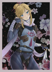 Rule 34 | 1boy, absurdres, arched back, armor, blue bodysuit, blue eyes, blush, bodysuit, border, bug, bulge, butterfly, covered navel, cowboy shot, eyelashes, fingerless gloves, flower, gloves, hair bun, head tilt, highres, insect, link, male focus, nintendo, parted bangs, pink border, pointy ears, scarf, shoulder armor, sidelocks, single hair bun, solo, stealth set (zelda), tamatamako01, the legend of zelda, the legend of zelda: breath of the wild, trap