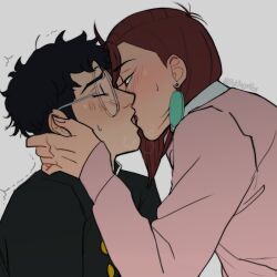 1boy 1girl ayase_momo black_hair brown_hair closed_eyes commentary dandadan earrings english_commentary french_kiss gakuran glasses hetero highres jewelry kiss loose_hair_strand messy_hair metsugarmei pink_sweater red_eyes round_eyewear school_uniform signature sweater takakura_ken_(dandadan) trembling