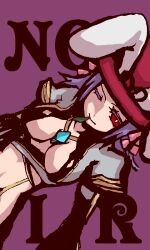 1girl animal_ears breasts closed_mouth commentary_request crop_top fake_animal_ears grey_shirt leaf_in_mouth looking_at_viewer medium_breasts one_eye_closed purple_background purple_hair rabbit_ears ragnarok_online red_eyes shirt shomu_(arujanainon) short_hair smile solo upper_body warlock_(ragnarok_online)