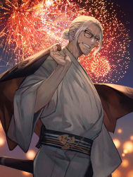 1boy ;d arurandeisu facial_hair fireworks glasses goatee green_eyes grey_hair grin highres holostars japanese_clothes kimono lack male_focus night one_eye_closed open_mouth sash sky smile solo standing virtual_youtuber wide_sleeves