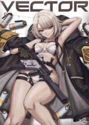 1girl absurdres artist_name black_gloves black_jacket bow bow_bra bra breasts breasts_apart brown_eyes brown_hair caiman_pool character_name explosive girls&#039;_frontline girls&#039;_frontline_2:_exilium gloves grenade gun hand_grenade highres hood hooded_jacket jacket kriss_vector looking_at_viewer lying medium_breasts on_back osprey_45 panties polygonal_suppressor short_hair skindentation solo submachine_gun suppressor underwear unworn_jacket vector_(girls&#039;_frontline) vector_(girls&#039;_frontline_2) weapon white_bra white_panties