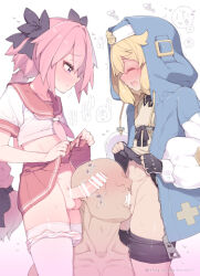 3boys androgyne_symbol astolfo_(fate) bar_censor black_gloves black_skirt blonde_hair blue_hoodie blue_jacket blush bridget_(guilty_gear) briefs censored closed_eyes clothes_lift commentary_request crossdressing erection faceless faceless_male fate/grand_order fate_(series) fellatio fingerless_gloves gloves guilty_gear highres hood hood_up hooded_jacket hoodie jacket josou_seme lifting_own_clothes long_sleeves male_focus male_underwear male_underwear_pull miniskirt multiple_boys nyakkuru open_mouth oral paid_reward_available panties panty_pull parted_lips pink_hair pink_panties precum puffy_long_sleeves puffy_sleeves red_sailor_collar red_skirt sailor_collar school_uniform serafuku shirt short_sleeves simple_background skirt skirt_lift speech_bubble striped_clothes striped_panties testicles translation_request trap underwear white_background white_shirt yaoi