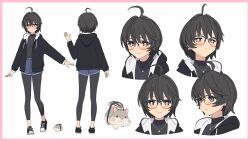 +_+ 1girl 3d ahoge arm_at_side artist_request black_footwear black_hair black_hoodie black_pants black_shirt blender_(medium) blue_shorts border bright_pupils brown_eyes cel_rendering reference_sheet closed_mouth dotted_background multiple_expressions from_behind frown full_body glasses hand_up highres hood hood_down hoodie jewelry long_sleeves looking_at_viewer multiple_views necklace open_clothes open_hoodie outstretched_arm pants parted_lips pink_border portrait rin_(rinrinne) rinrinne shirt shoes short_hair shorts simple_background smile sneakers split_mouth standing turnaround turtleneck virtual_youtuber white_background white_pupils