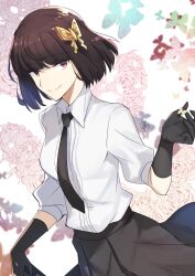 Rule 34 | 1girl, black gloves, black necktie, black skirt, bob cut, brown hair, bug, bungou stray dogs, butterfly, butterfly hair ornament, closed mouth, collared shirt, commentary request, floral background, flower, gloves, hair ornament, hand up, highres, insect, looking at viewer, necktie, nikame, shirt, short hair, signature, skirt, smile, solo, white shirt, yosano akiko (bungou stray dogs)