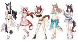 Rule 34 | 5girls, absurdres, ahoge, almond eye (umamusume), alternate costume, alternate hairstyle, animal ears, armpits, arms behind back, arms behind head, arms up, bails, bare legs, bikini, black bikini, black hair, blue eyes, blunt bangs, blush, braid, braided hair rings, breasts, brown hair, chain, cleavage, collarbone, cosplay, daring tact (umamusume), ear ornament, eishin flash (umamusume), eishin flash (umamusume) (cosplay), eyewear on head, fish, flower, frilled bikini, frilled thigh strap, frills, full body, gentildonna (umamusume), hair between eyes, hair flower, hair ornament, hair rings, hairclip, hat, heart, heart-shaped eyewear, highres, holding, horse ears, horse girl, horse tail, jewelry, large breasts, long hair, looking at viewer, maruzensky (blasting off summer night) (umamusume), maruzensky (umamusume), maruzensky (umamusume) (cosplay), medium breasts, mejiro mcqueen (ripple fairlady) (umamusume), mejiro mcqueen (umamusume), multicolored hair, multiple girls, nail polish, navel, necklace, ponytail, red eyes, red nails, sandals, sarong, see-through clothes, silence suzuka (emerald on the waves) (umamusume), silence suzuka (umamusume), silence suzuka (umamusume) (cosplay), simple background, small breasts, smile, standing, standing on one leg, star (symbol), star hair ornament, still in love (umamusume), stomach, streaked hair, sunglasses, swimsuit, tail, thigh strap, toenail polish, toenails, tracen swimsuit, umamusume, white-framed eyewear, white background, white hair