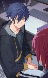 Rule 34 | 2boys, between legs, bishounen, black hoodie, blue hair, chair, computer keyboard, dark blue hair, double-parted bangs, ensemble stars!, from above, from behind, grey shirt, hair between eyes, hand between legs, hands on own thighs, hood, hood down, hoodie, indoors, light smile, looking at another, male focus, multiple boys, on chair, open clothes, open hoodie, out of frame, pants, saegusa ibara, sarara rarara, sazanami jun, shirt, short hair, sitting, solo focus, sweatpants, t-shirt, table, tsurime, white pants, yellow eyes