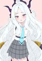 Rule 34 | 1girl, absurdres, aqua necktie, arms behind back, arms behind head, black horns, blue archive, blush, cosplay, highres, hina (blue archive), horns, hoshino (blue archive), hoshino (blue archive) (cosplay), long hair, long sleeves, looking at viewer, mistel (sukebemistel), necktie, open mouth, pink background, purple eyes, shirt, simple background, standing, thighs, very long hair, white hair, white shirt