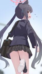 1girl back black_hair black_socks black_suit blue_archive blush brown_eyes fang formal_clothes long_hair looking_back millet_pepper open_mouth pleated_skirt running serika_(blue_archive) skin_fang skirt socks solo suit twintails very_long_hair