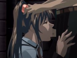 00s 1boy 1girl 2006 animated animated_gif bible_black bible_black_only breasts brown_hair censored closed_eyes fellatio hair_ornament hetero imari_kurumi irrumatio large_breasts lowres oral penis ponytail rape school_uniform side_ponytail solo_focus tagme