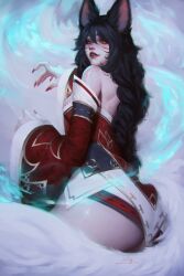 1girl absurdres ahri_(league_of_legends) animal_ears ass black_hair braid detached_sleeves eyeshadow facial_mark fingernails fox_ears fox_girl fox_tail from_behind hand_up highres japanese_clothes kimono league_of_legends long_hair looking_at_viewer looking_back makeup open_mouth pale_skin red_eyeshadow red_kimono red_lips red_nails sharp_fingernails single_braid slit_pupils solo sophyucha tail whisker_markings wide_sleeves yellow_eyes