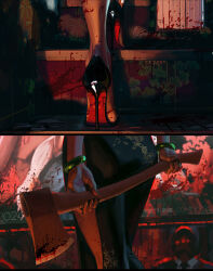 1girl 1other absurdres axe black_dress black_footwear black_nails blood bracelet close-up commentary corpse dress guweiz high_heels highres holding holding_axe jewelry murder nail_polish original pelvic_curtain stairs suitcase symbol-only_commentary yin_(guweiz)