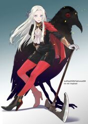 1girl animal axe battle_axe bird black_boots blonde_hair boots capelet center_opening closed_mouth commentary_request commission crow edelgard_von_hresvelg fire_emblem fire_emblem:_three_houses formal_clothes garreg_mach_monastery_uniform gloves gradient_background green_background grey_background hair_ribbon high_heels highres holding holding_axe holding_weapon ize0328 leaning_back leaning_to_the_side long_sleeves looking_to_the_side nintendo pantyhose parted_bangs pink_lips purple_eyes purple_ribbon red_capelet red_eyes red_pantyhose ribbon shade shadow solo suit thick_lips twitter_username weapon white_gloves
