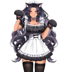 Rule 34 | 1girl, absurdres, animal ear fluff, animal ears, animal hands, apron, bell, black bow, black dress, black hair, black thighhighs, bow, breasts, cat ears, cat girl, closed mouth, collarbone, dress, ear bell, ear bow, highres, landacdeus, large breasts, long hair, maid headdress, mole, mole on breast, mole under eye, multiple moles, nijisanji, nijisanji en, red eyes, scarle yonaguni, solo, tan, thighhighs, transparent background, white apron, white wrist cuffs, wrist cuffs