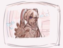 1girl chouzetsusaikawa_tenshi-chan commentary_request long_hair looking_at_viewer needy_girl_overdose purple_eyes reaching reaching_towards_viewer school_uniform serafuku sketch solo tomare_(akashingou) twintails