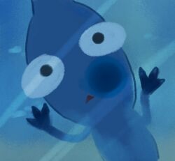 against_glass black_eyes blue_pikmin blue_skin blue_theme cheek_squash colored_skin commentary_request fourth_wall hand_on_glass highres iat-418 looking_at_viewer nintendo no_humans pikmin_(creature) pikmin_(series) solo triangle_mouth underwater