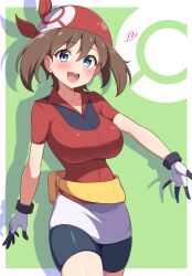 1girl :d absurdres bandana bike_shorts blue_eyes border breasts brown_hair collarbone cowboy_shot fanny_pack female_focus gloves green_background heart highres jacket large_breasts looking_at_viewer may_(pokemon) medium_hair mujin_(mujinzairaisen) nintendo open_mouth poke_ball_print pokemon pokemon_rse red_bandana red_jacket shadow simple_background smile solo standing teeth thighs upper_teeth_only