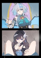 Rule 34 | 2girls, :p, after cunnilingus, after fingering, aroused, ascot, asymmetrical bangs, asymmetrical sleeves, black hair, black shrug, blue ascot, blue eyes, blue hair, blue shirt, blue sleeves, blue wings, bow, bowtie, breasts, bright pupils, cerydra (honkai: star rail), cleavage, clothed sex, collared shirt, colored inner hair, commentary request, crown, detached sleeves, diamond-shaped pupils, diamond (shape), drooling, earrings, eclair yuri, female pov, furrowed brow, hair behind ear, hair intakes, hair ornament, headpiece, highres, honkai (series), hysilens (honkai: star rail), jewelry, juliet sleeves, kishimen hair, licking, licking finger, long hair, long sleeves, looking at viewer, medium breasts, mini crown, mismatched sleeves, multicolored hair, multiple girls, multiple pov, one eye closed, pink bow, pink bowtie, pov, pov crotch, puffy sleeves, purple eyes, pussy juice, pussy juice in mouth, pussy juice on fingers, saliva, scales, shirt, shrug (clothing), sitting, sitting on throne, sleeveless, sleeveless shirt, spread legs, steam, symbol-shaped pupils, throne, tongue, tongue out, tsurime, twitching, two-tone hair, underbust, v-shaped eyebrows, white pupils, wing collar, wings, yuri