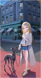 1girl absurdres arm_up blonde_hair camisole city coat collar colored_eyelashes denim denim_shorts dog full_body gakuen_idolmaster hair_ornament hairclip hand_on_own_chest highres idolmaster leash long_hair midriff open_clothes open_coat orange_eyes outdoors red_collar rope_belt shinosawa_hiro short_shorts shorts solo standing textless_version white_camisole white_coat zzzearly
