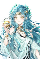 1girl apple_of_eden assassin&#039;s_creed_(series) bare_shoulders blue_hair bracelet braid braided_bangs braided_sidelock breasts choker cleavage closed_mouth clothing_cutout dress fang gem gem_hair_ornament gold_choker gold_headband green_gemstone hand_up headband highres hissabeth holding jewelry long_hair looking_at_viewer mao_(1642598405) official_alternate_costume reverse:1999 shoulder_cutout skin_fang smile snake snake_on_head solo upper_body white_background white_dress wide_sleeves yellow_eyes