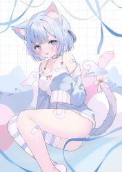 1girl :d @_@ absurdres animal_ear_fluff animal_ears ass bandaid bandaid_on_leg barefoot bell blue_eyes blue_hair blue_jacket blush bow braid breasts camisole cat_ears cat_girl cat_tail cleavage collarbone commentary_request commission convenient_censoring copyright_request feet_out_of_frame grid_background highres jacket jingle_bell long_sleeves medium_breasts no_shoes off_shoulder open_clothes open_jacket open_mouth puffy_long_sleeves puffy_sleeves rucaco single_thighhigh skeb_commission sleeves_past_fingers sleeves_past_wrists smile solo striped_clothes striped_thighhighs sweat tail tail_bell tail_bow tail_ornament thighhighs two_side_up virtual_youtuber white_background white_bow white_camisole