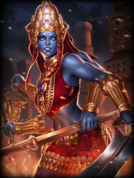 Rule 34 | 1girl, artist request, blue eyes, blue skin, colored skin, extra arms, jewelry, kali (smite), skirt, smite, solo