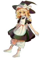 1girl absurdres apron bingkuaihei black_dress black_hat blonde_hair bloomers bow chinese_commentary closed_mouth commentary_request dress flat_chest frilled_hat frills full_body hair_between_eyes hair_bow hat hat_bow highres kirisame_marisa long_hair no_shoes pink_ribbon pleated_dress ribbon short_sleeves simple_background smile socks solo touhou underwear wavy_hair white_apron white_background white_bloomers white_bow white_socks witch_hat yellow_eyes