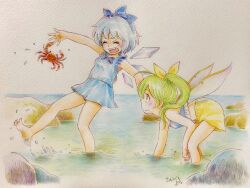 Rule 34 | 2girls, bare legs, bare shoulders, barefoot, bent over, blue bow, blue hair, blue ribbon, blue tank top, blush, bow, cirno, closed eyes, crab, daiyousei, dress, fairy wings, green eyes, green hair, highres, ice, ice wings, long hair, multiple girls, ocean, one-piece swimsuit, open mouth, pain, ponytail, q-bee (aaru), ribbon, rock, see-through clothes, short hair, shorts, splashing, squiggle, swimsuit, tank top, touhou, traditional media, wading, white background, wings, yellow dress, yellow ribbon, yellow shorts