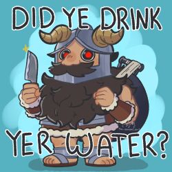 1boy beard chibi dungeon_meshi dwarf english_text facial_hair fake_horns full_body glowing glowing_eyes helmet holding holding_behind_back holding_knife horned_helmet horns image_macro_(meme) knife long_beard looking_at_viewer male_focus meme mustache red_eyes senshi_(dungeon_meshi) solo sparkle the_demonic_owl thick_mustache very_long_beard wok