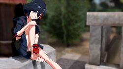 10s 1girl 3d barefoot black_hair blood blue_eyes female_focus fingerless_gloves genya_(genya67) gloves hair_over_one_eye highres kill_la_kill leg_up matoi_ryuuko multicolored_hair panties pantyshot pinky_out school_uniform senketsu serafuku short_hair single_glove sitting skirt solo streaked_hair underwear upskirt white_panties