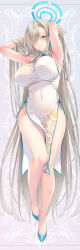 1girl alternate_costume armpits arms_up asuna_(blue_archive) ayase_hazuki blue_archive blue_eyes blue_halo blue_ribbon blush breasts brown_hair china_dress chinese_clothes covered_navel cowboy_shot dress floral_print_dress hair_over_one_eye hair_ribbon halo highres large_breasts long_hair looking_at_viewer pelvic_curtain ribbon smile solo very_long_hair white_dress