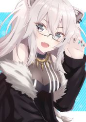 1girl absurdres animal_ears bare_shoulders blush borumete breasts cleavage earrings fur-trimmed_jacket fur_trim grey_eyes grey_hair hair_between_eyes highres hololive jacket jewelry lion_ears lion_girl long_hair looking_at_viewer nail_polish open_mouth see-through_clothes see-through_cleavage shishiro_botan shishiro_botan_(1st_costume) simple_background smile solo virtual_youtuber