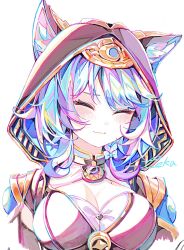 1girl :3 ^_^ animal_ear_fluff animal_ears animal_hood blue_hair blush breasts cat_ears cipher_(honkai:_star_rail) cleavage closed_eyes commentary heart honkai:_star_rail honkai_(series) hood hood_up large_breasts medium_breasts mole short_hair smile textless_version touka_(pixiv71609120) upper_body white_background