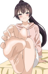 1girl barefoot blue_eyes blush brown_hair feet highres long_hair looking_at_viewer ponytail riokasen smile soles suou_yuki toes tokidoki_bosotto_roshia-go_de_dereru_tonari_no_alya-san