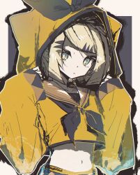 1girl absurdres aqua_eyes arms_up black_bow black_neckerchief black_outline black_sleeve_cuffs blonde_hair bow collarbone crop_top crop_top_overhang cropped_hoodie dot_nose expressionless eyes_visible_through_hair hair_bow hair_ornament hairclip halka highres hood hoodie kagamine_rin looking_at_viewer medium_hair midriff navel neckerchief outline parted_bangs sketch solo vocaloid yellow_hoodie