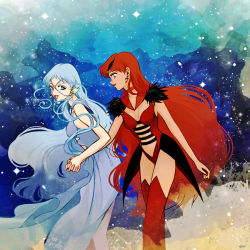 Rule 34 | 2girls, :d, bad id, bad pixiv id, bishoujo senshi sailor moon, bishoujo senshi sailor moon stars, blue hair, breasts, choker, couple, dark-skinned female, dark skin, dress, earrings, eye contact, female focus, formal clothes, from side, holding hands, interlocked fingers, jewelry, leabibg, leaning forward, leotard, lipstick, long hair, looking at another, looking back, makeup, multiple girls, nail polish, open mouth, profile, red choker, red hair, red legwear, red lips, sailor aluminum seiren, sailor lead crow, sleeveless, smile, standing, thighhighs, tsuzuki (flee away), very long hair, yuri