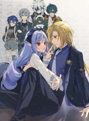 1other 2girls 3boys ^_^ animal_ear_fluff animal_ears bandana bandana_around_neck bangboo_(zenless_zone_zero) belle_(zenless_zone_zero) black_coat black_jacket black_pants black_thighhighs blonde_hair blue_hair blue_jacket brother_and_sister closed_eyes closed_mouth coat crossed_arms crossed_bangs eous_(zenless_zone_zero) facing_viewer furry furry_male green_eyes green_hair grey_hair grey_skirt hair_between_eyes highres hood hooded_jacket hugo_vlad jacket leather leather_jacket lighter_(zenless_zone_zero) long_sleeves multiple_boys multiple_girls necktie ofuton_tamago open_mouth orange_bandana pants pointing purple_hair purple_necktie purple_shirt red_eyes red_scarf scarf shirt siblings single_thighhigh skirt smile sunglasses thighhighs vivian_banshee von_lycaon white_hair wise_(zenless_zone_zero) wolf wolf_ears zenless_zone_zero