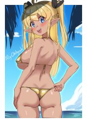 1girl adjusting_clothes adjusting_swimsuit ahoge ally_chihyah ass backboob bikini black_ribbon blonde_hair blue_eyes blush braid breasts commentary cropped_legs dark-skinned_female dark_elf dark_skin elf english_commentary eyebrows_hidden_by_hair from_behind gold_bikini hair_between_eyes hair_ribbon highres large_breasts long_hair looking_at_viewer ocean open_mouth original palm_tree pointy_ears ribbon smile solo swimsuit teeth tree upper_teeth_only wedgie ynavae_(ally_chihyah)