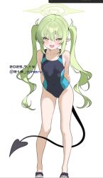 Rule 34 | 1girl, arms behind back, bare arms, blue archive, blue one-piece swimsuit, blush, covered navel, dated, demon tail, full body, green hair, green halo, halo, itinana, leaning forward, long hair, looking at viewer, nozomi (blue archive), one-piece swimsuit, open mouth, pointy ears, simple background, smile, solo, standing, swimsuit, tail, twintails, twitter username, white background, yellow eyes
